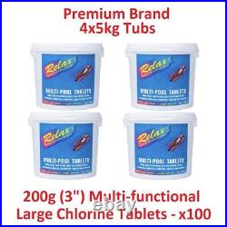 20kg Relax Multifunction Chlorine Tablets 200g + Algaecide & Clarifier 3 4x5kg