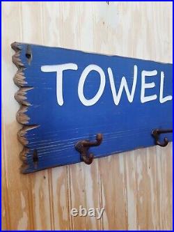 TOWELS & TRUNKS Towel Rack, Rustic Carved Wood Sign, Swimming Pool, Hot Tub